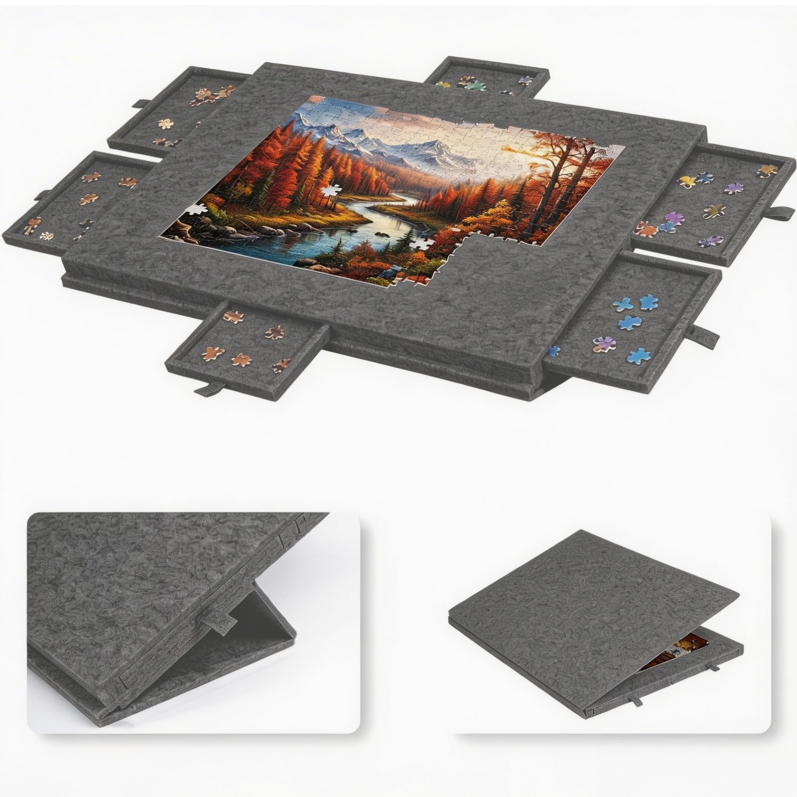 Jigsaw Puzzle Board with 2-in-1 Stand Cover,6 Drawers Felt Puzzle Table for 1000 Pieces,Tilting Portable Puzzle Mat with Anti-Slip Surface,Puzzle Storage Organizer for Adults,Dark Grey(77x53.6x4.2cm)