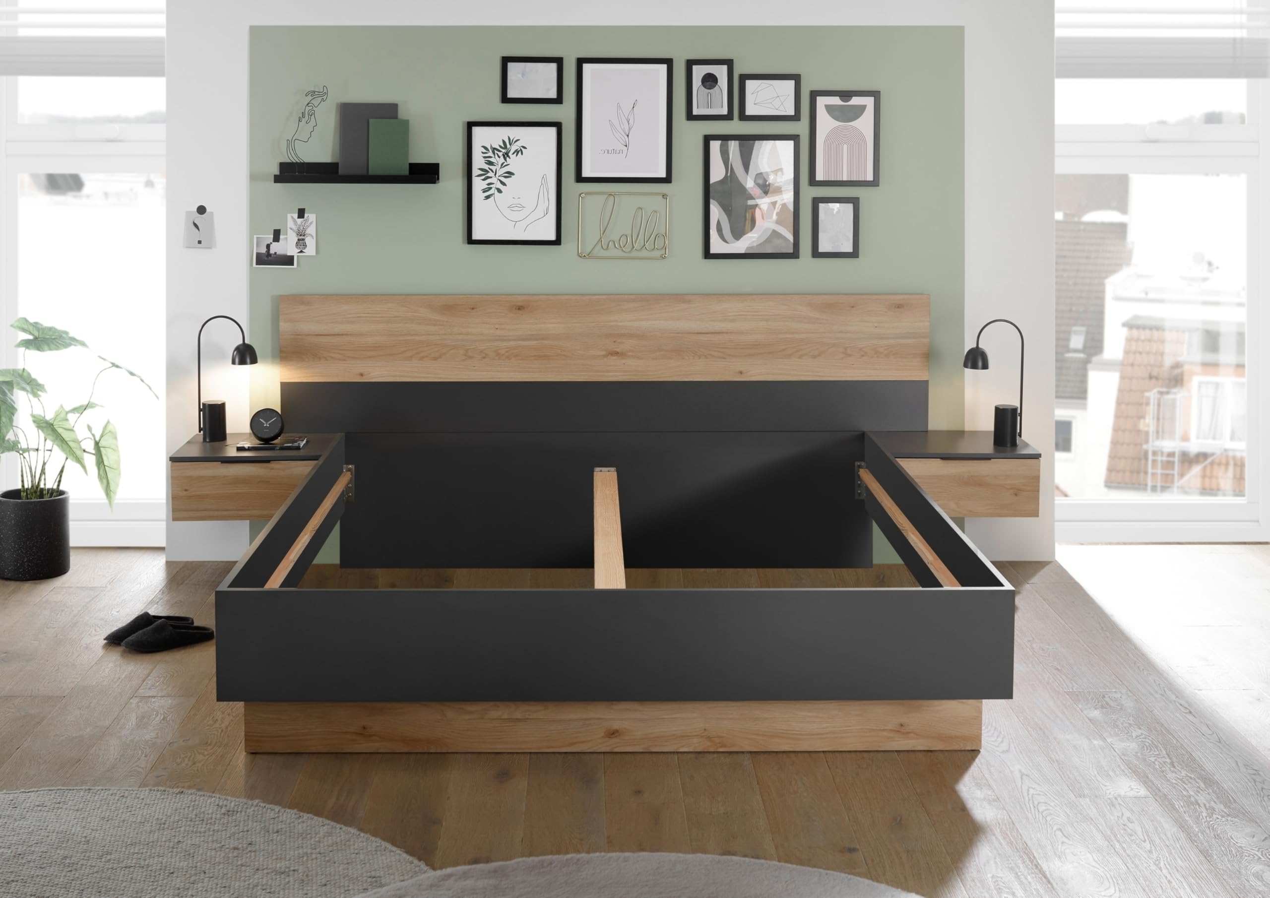 möbelando Bettanlage >Aska< Modernes Bett mit 2 Nachtkommoden, Stauraum, 180x200 cm Liegefläche, Graphit und Mauvella Eiche Dekor, Pflegeleichte Oberfläche, zerlegt geliefert, 285x95x205 (BxHxT)