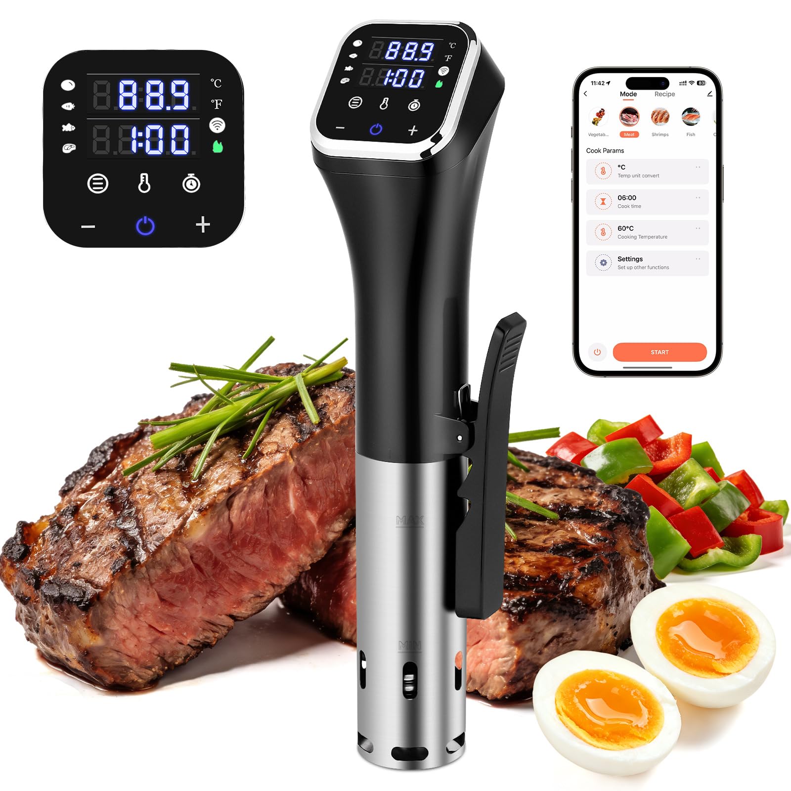 Cocina Sous Vide WiFi de 2.4 G, circulador de inmersión de precisión de 1100 W con control de temperatura de ±0.-17.2 °C, IPX7 impermeable, funcionamiento silencioso, pantalla LED y 4 protecciones de