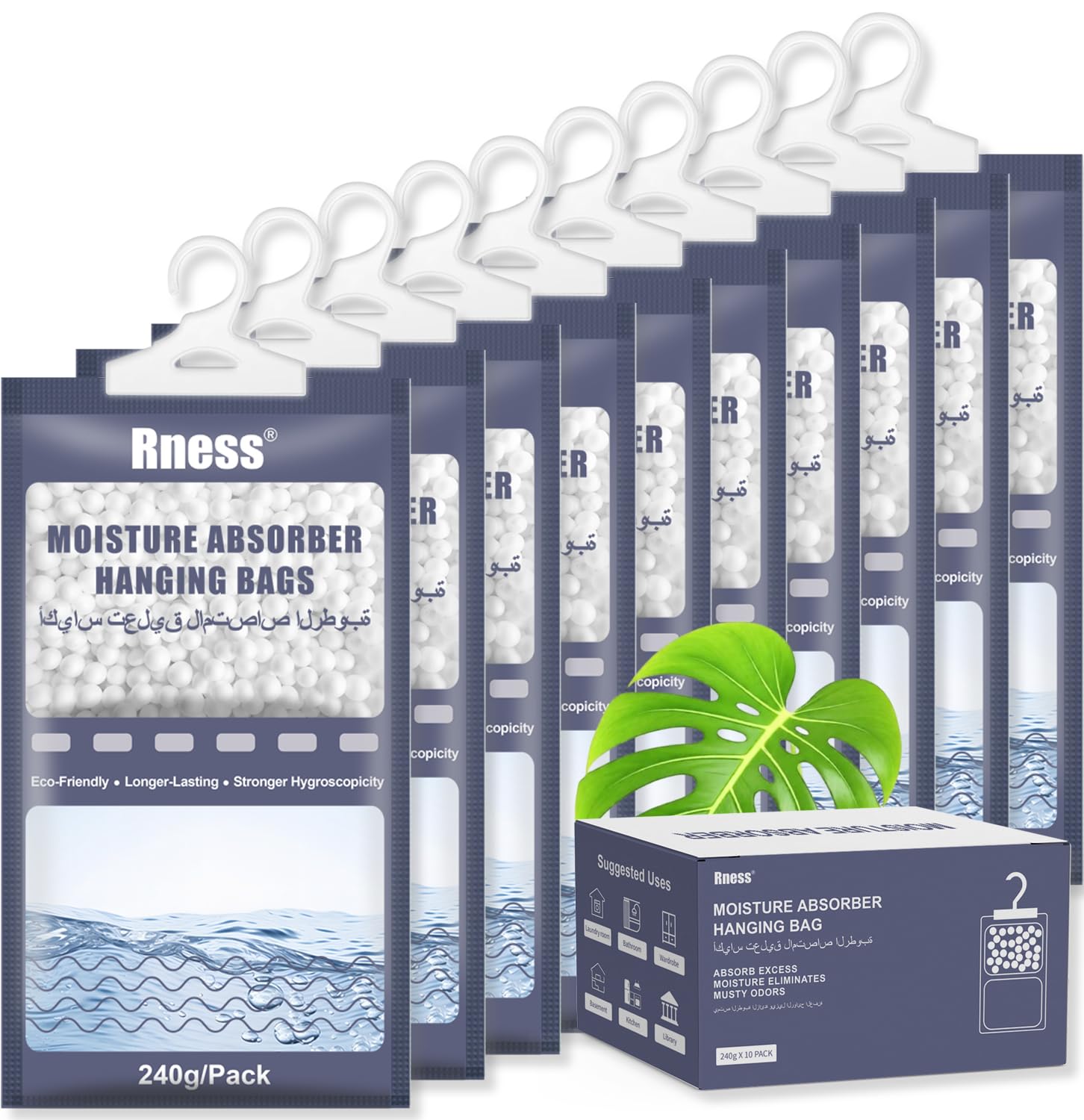 ‌Rness Moisture Absorber Bags (10 Packs, 240g Each) - 2X Larger Capacity Calcium Chloride Hanging Closet Dehumidifier for Closet, Wardrobe, Bathroom, Bedroom‌-Moisture Absorber with Fragrance Free
