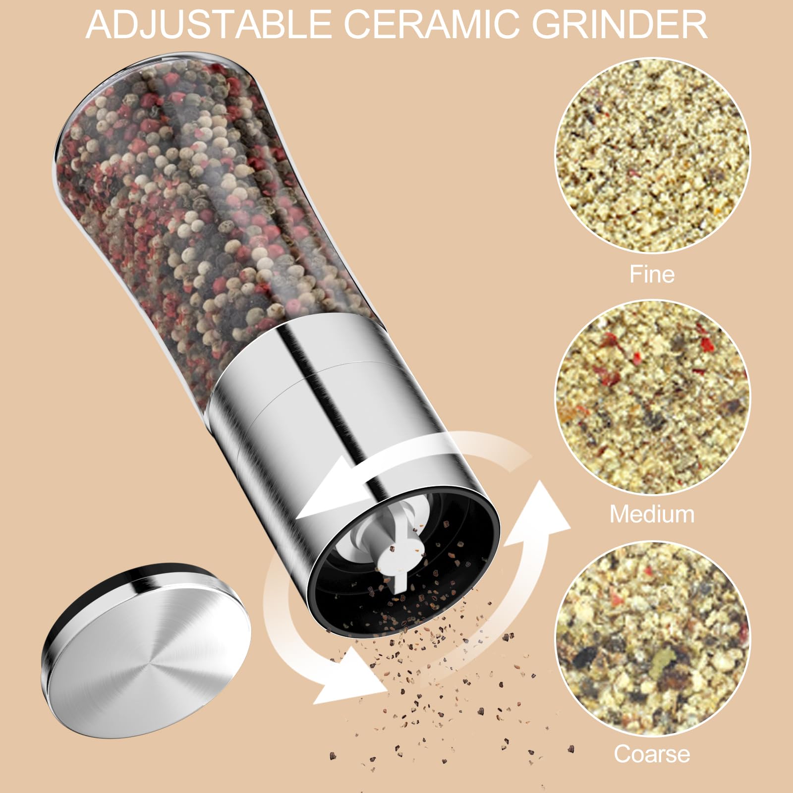 2 Pezzi Macina Sale e Pepe, Macinapepe Manuale, Macina Sale Pepe in Ceramica Regolabile, Saliera e Pepiera Manuale in Vetro e Acciaio Inox, Macinino in Ceramica[Senza Contenuto di Spezie] - 4
