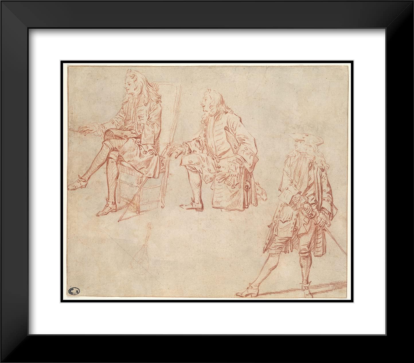 ArtDirect Jean Antoine Watteau 23x20 Black Modern Framed and Double Matted Art Print Titled Three Studies of a Gentleman