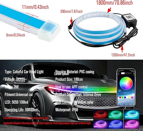 Miniatura 8 de Tira de luces LED para capó de automóvil, 70 pulgadas, RGB multicolor, luces exteriores de automóvil con luz dinámica de circulación diurna A