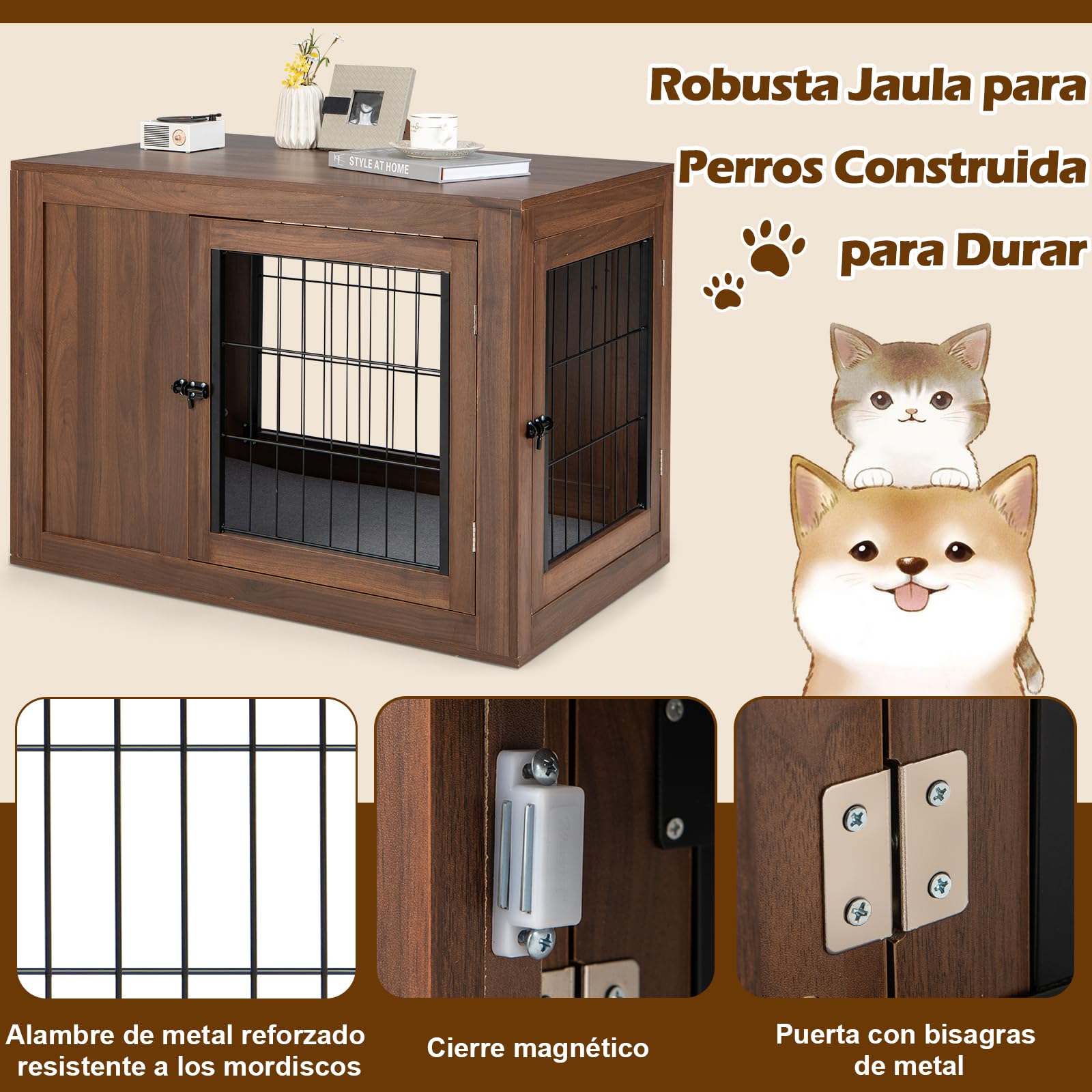 GOPLUS Jaula para Perro 2 en 1 con Cojín Cómodo y Doble Puerta, Casa de Jaula para Perros, Nicho Decorativo de Malla para Perros Pequeños y Medianos 92 x 59 x 66,5 cm, Marrón