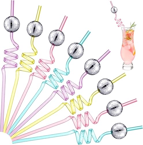 Zhehao 16 pajitas de bola de discoteca con espejo, pajitas decorativas de los años 70 para baile, vacaciones, boda, suministros de cumpleaños,