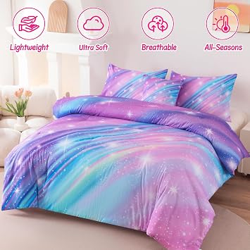 Twin Bedding Set for Girls, Glitter Rainbow Comforter Set for Girls, Galaxy Purple Bedding Sets Twin Size