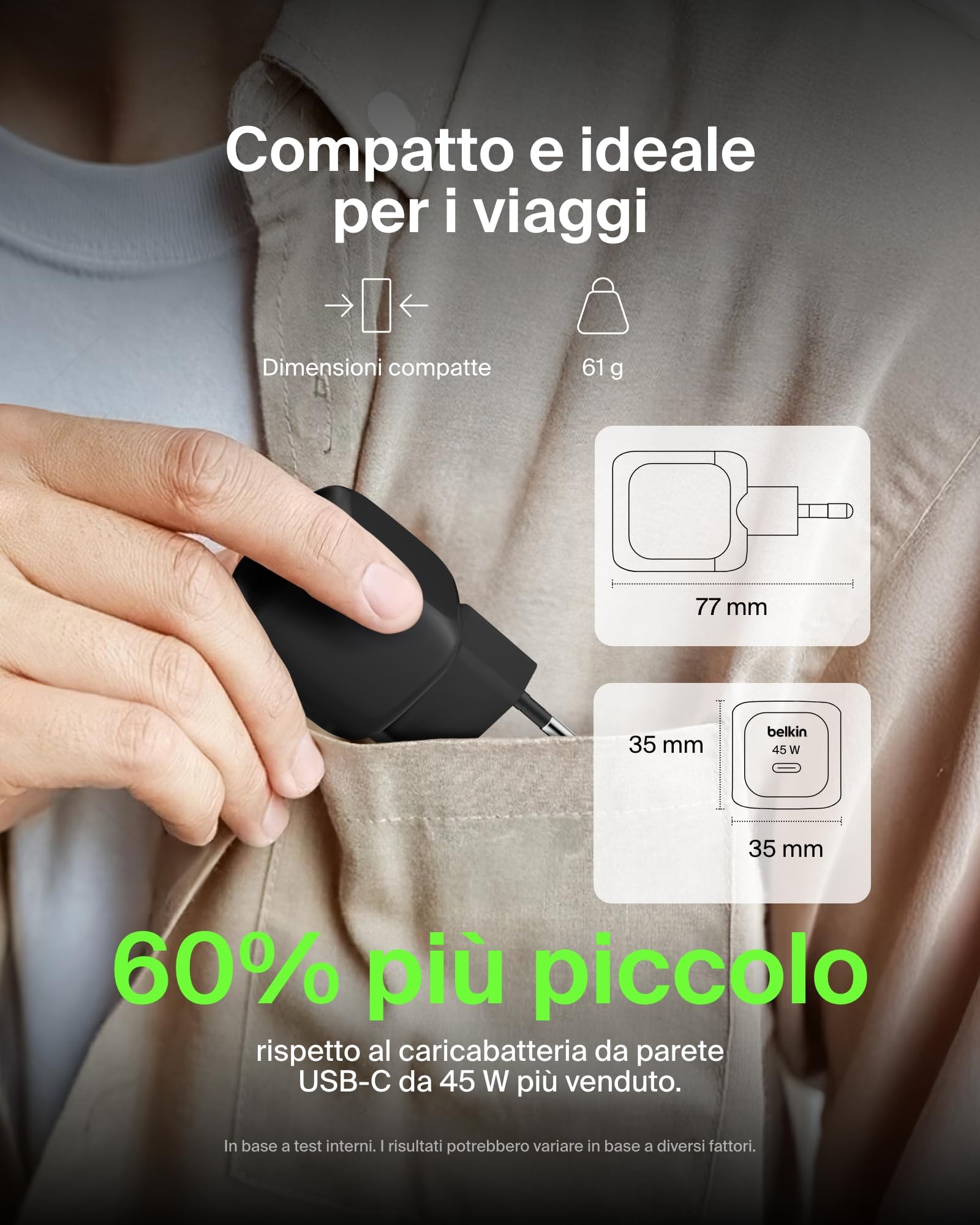 Belkin Caricatore da parete compatto da 45 W, ricarica rapida USB-C Power Delivery per Apple iPhone 16, 16 Plus, 16 Pro, 16 Pro Max, 15 Series, Samsung Galaxy S25, iPad, AirPods e altri, nero