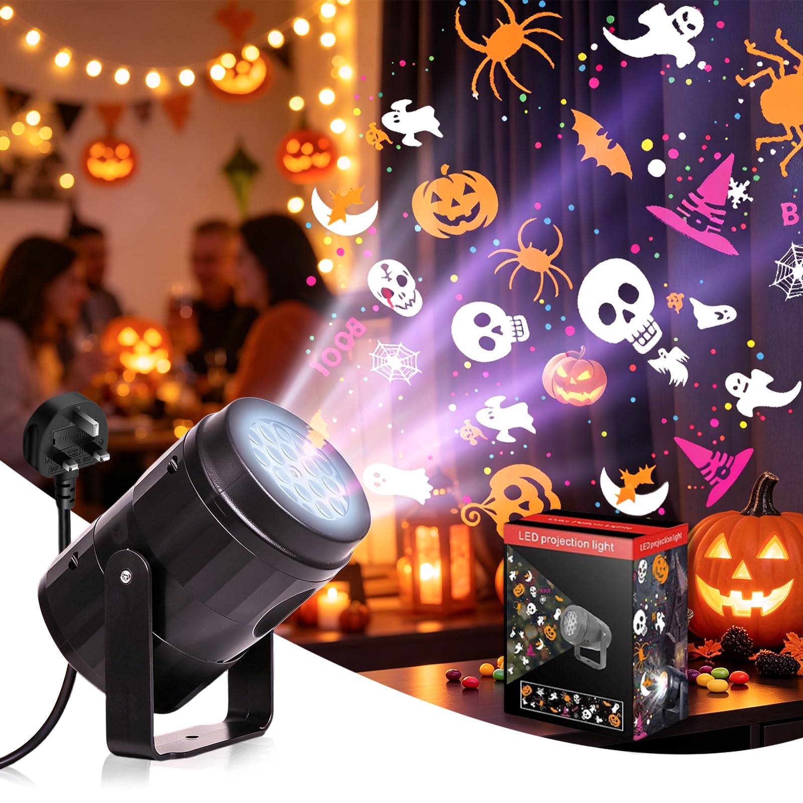 BIZOI Halloween Projector with 16 Dynamic Ghost Lighting Effects, Halloween Decorations Projector Lights, Mains Powered Ghost Lights Waterproof for Outdoors & Indoors Home Garden Window, UK Plug