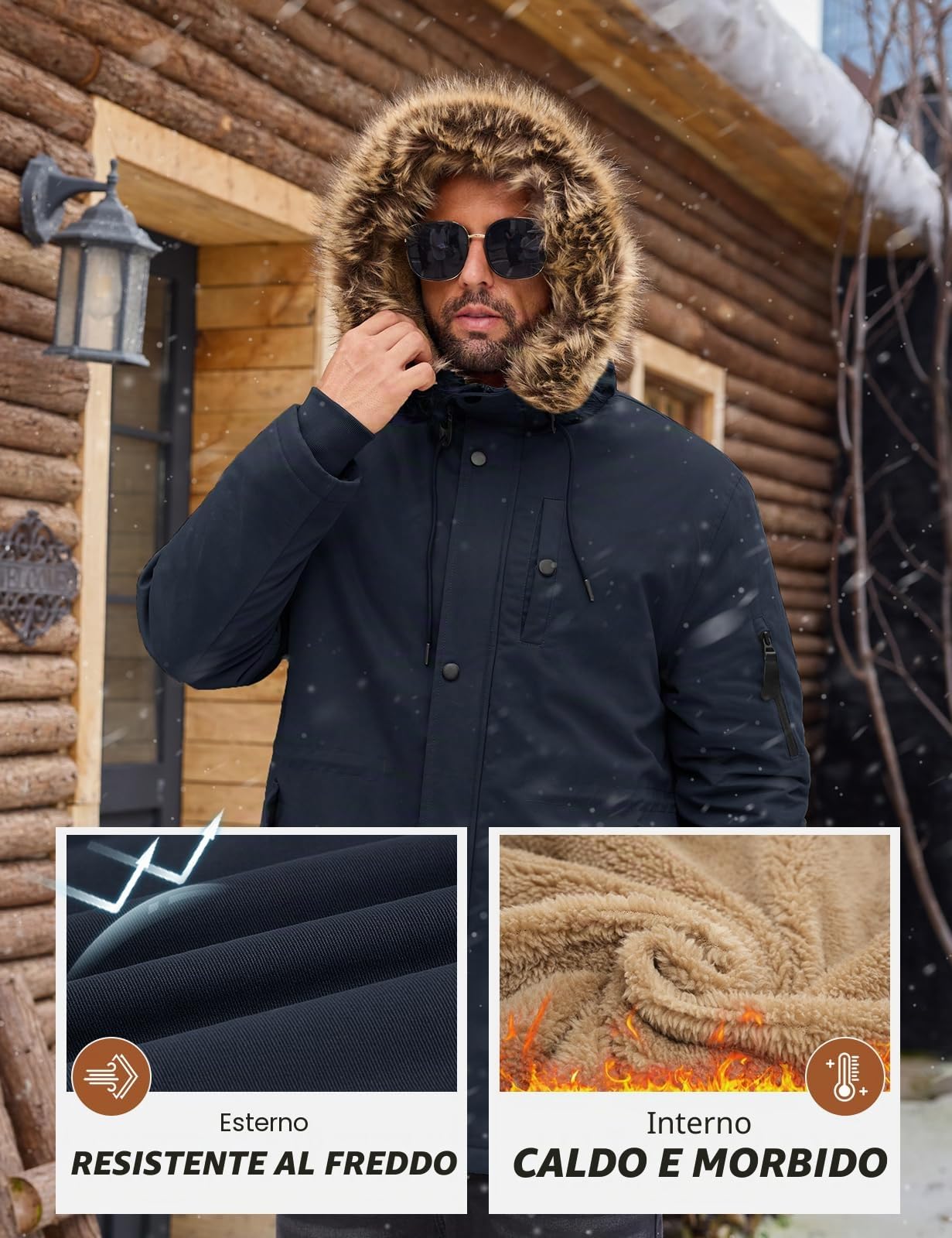 Xnova Giacca Invernale Uomo con Cappuccio Giubbotto Parka in Pile Caldo Medio Lungo, Cappotto Termico Militare Giubbino Antivento in Cotone con Tasche per Outdoor Sci Trekking
