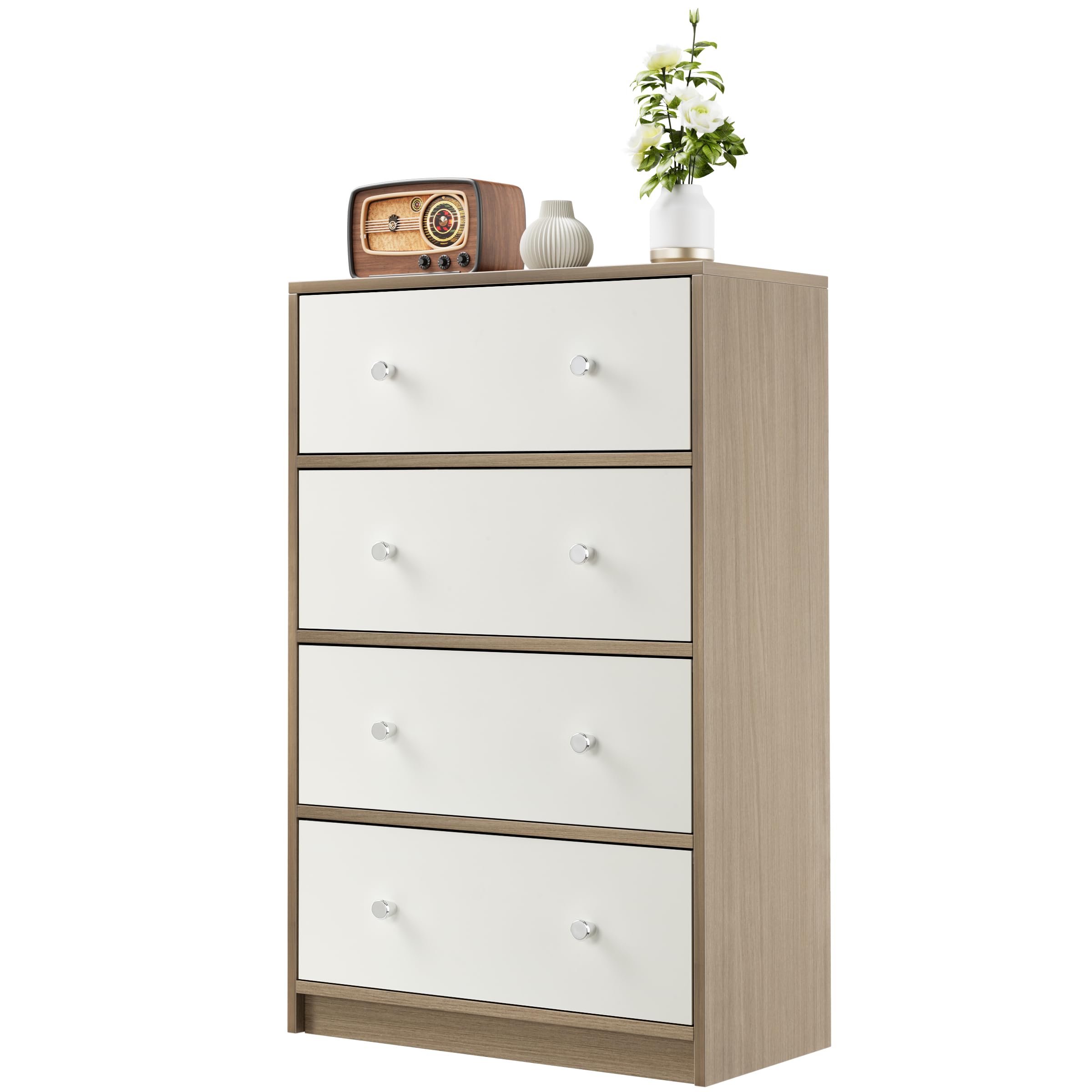 Nicehill Chest of Drawers with 4 Drawers, Wooden Frame & Silver Handles, Fabric Chest of Drawers for Bedroom, Living Room, Hallway, Entryway, White/Light Wood Grain