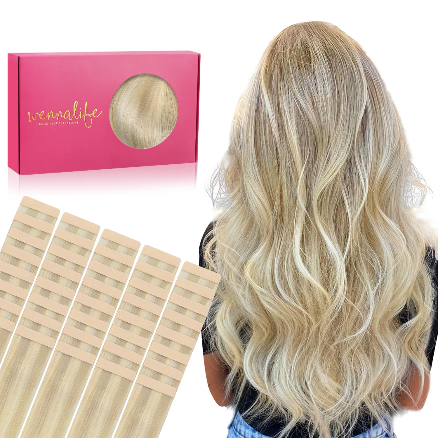 WENNALIFE Tape in Hair Extensions Human Hair, 40pcs 100g 20 inch Ombre Ash Blonde to Golden Blonde Balayage Platinum Blonde Hair Extensions Real Human