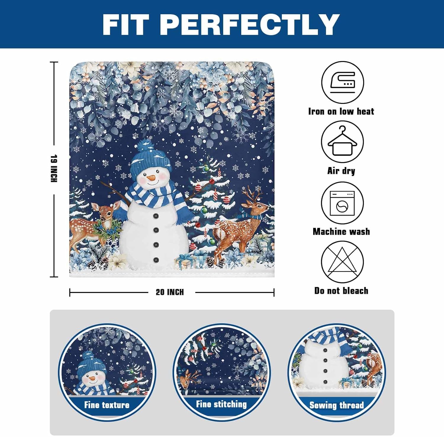 DecorLovee Navy Blue Christmas Snowman Chair Back Cover, Botanical Dining Chair Protector Covers, Xmas Tree Snowflake Elk Chair Covers Removable Chair Slipcovers for Banquet Party 19"x20", 4 Pack
