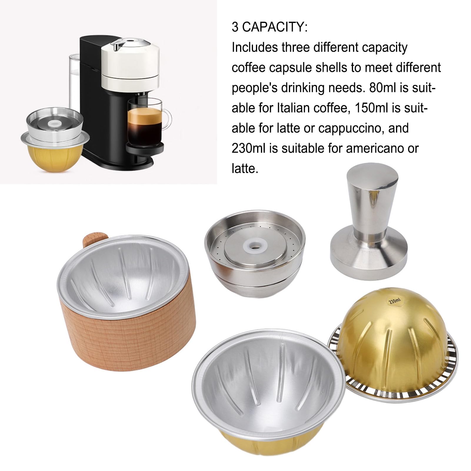 Juego de Tazas Cápsulas de Café Reutilizables para VERTUOLIN con Soporte de Madera y Tamper 80ml 150ml 230ml