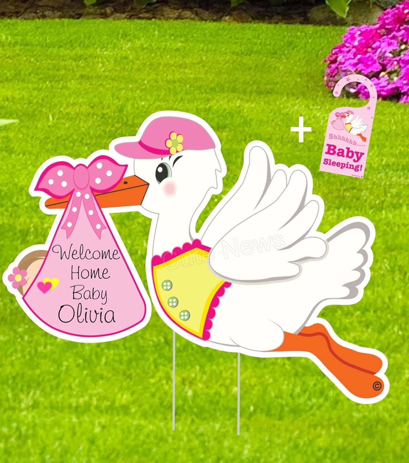 It's a Girl Lawn Stork Sign, Welcome Home Newborn Yard Decoration, Personalized Birth Arrival Garden Card, Custom Name Baby Outdoor Announcement, Shower Party Pink Banner Decor, Gift