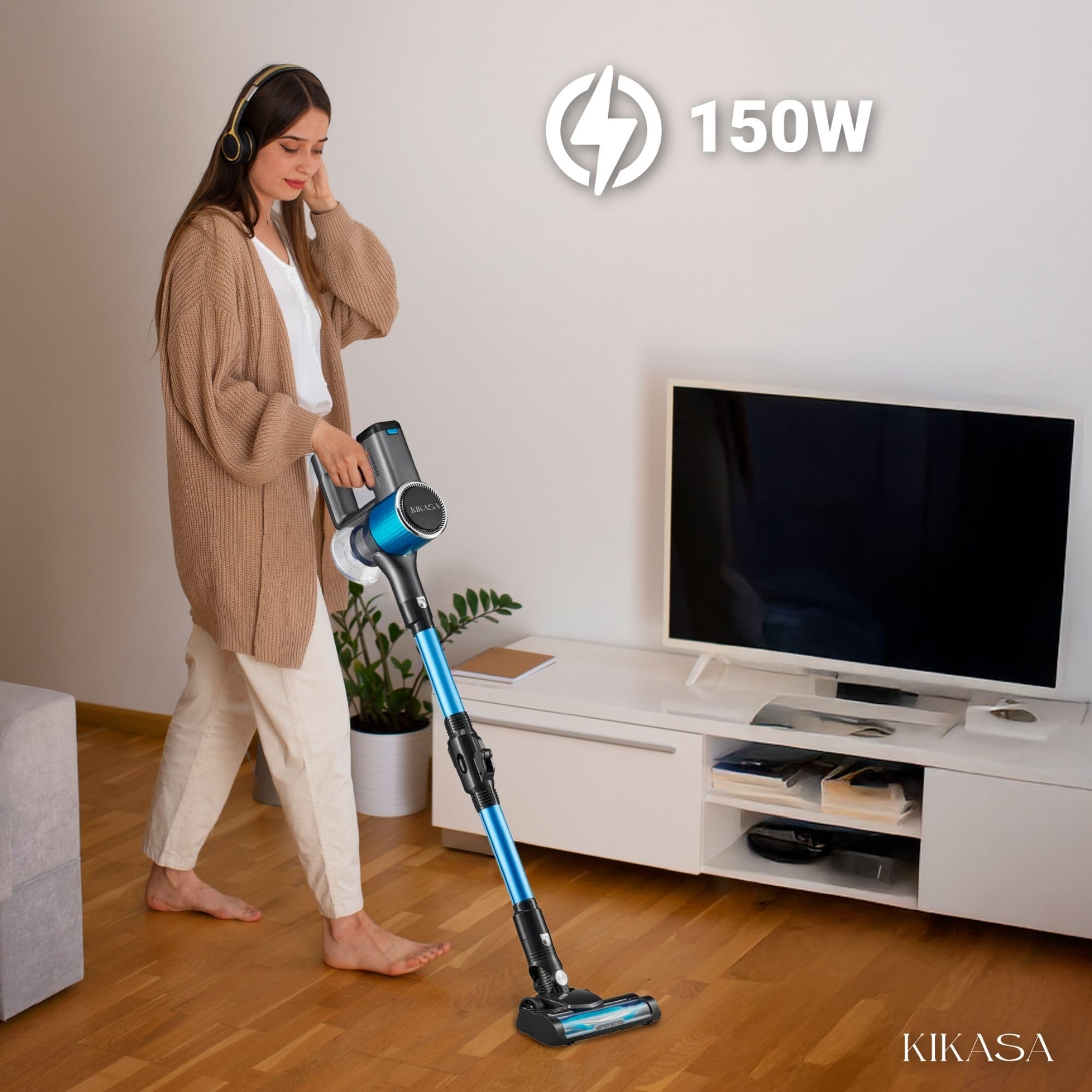 Kikasa Aspiradora Vertical Sin Cables 18.5V Plegable, 150W Potente, 3 Velocidades, Filtro HEPA, Cepillo con Luz LED y Depósito de 400 ml, hasta 35 min de Autonomía