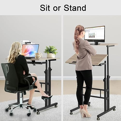 Miniatura 14 de Hadulcet Escritorio móvil de pie con estación de carga, escritorio ajustable para computadora de pie, carrito ajustable para laptop con ruedas para