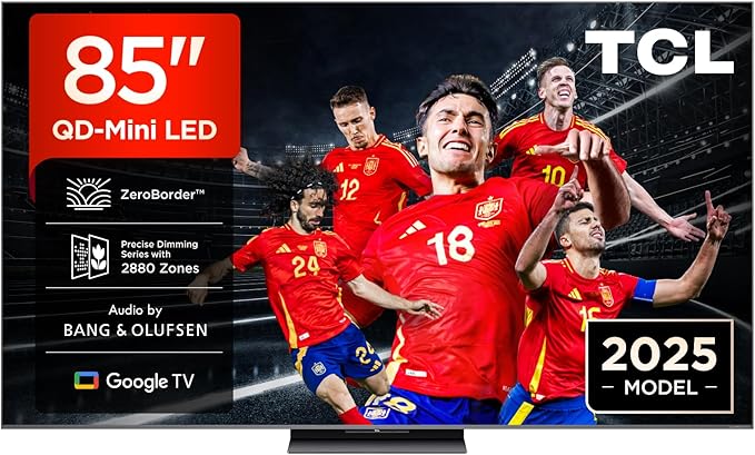 TCL 85Q8C Televisor 85 Pulgadas QD-Mini LED 4K Smart TV, 5000 nits HDR Premium, Bang & Olufsen, ZeroBorder, Google TV, Dolby Vision IQ y Atmos, Game Master
