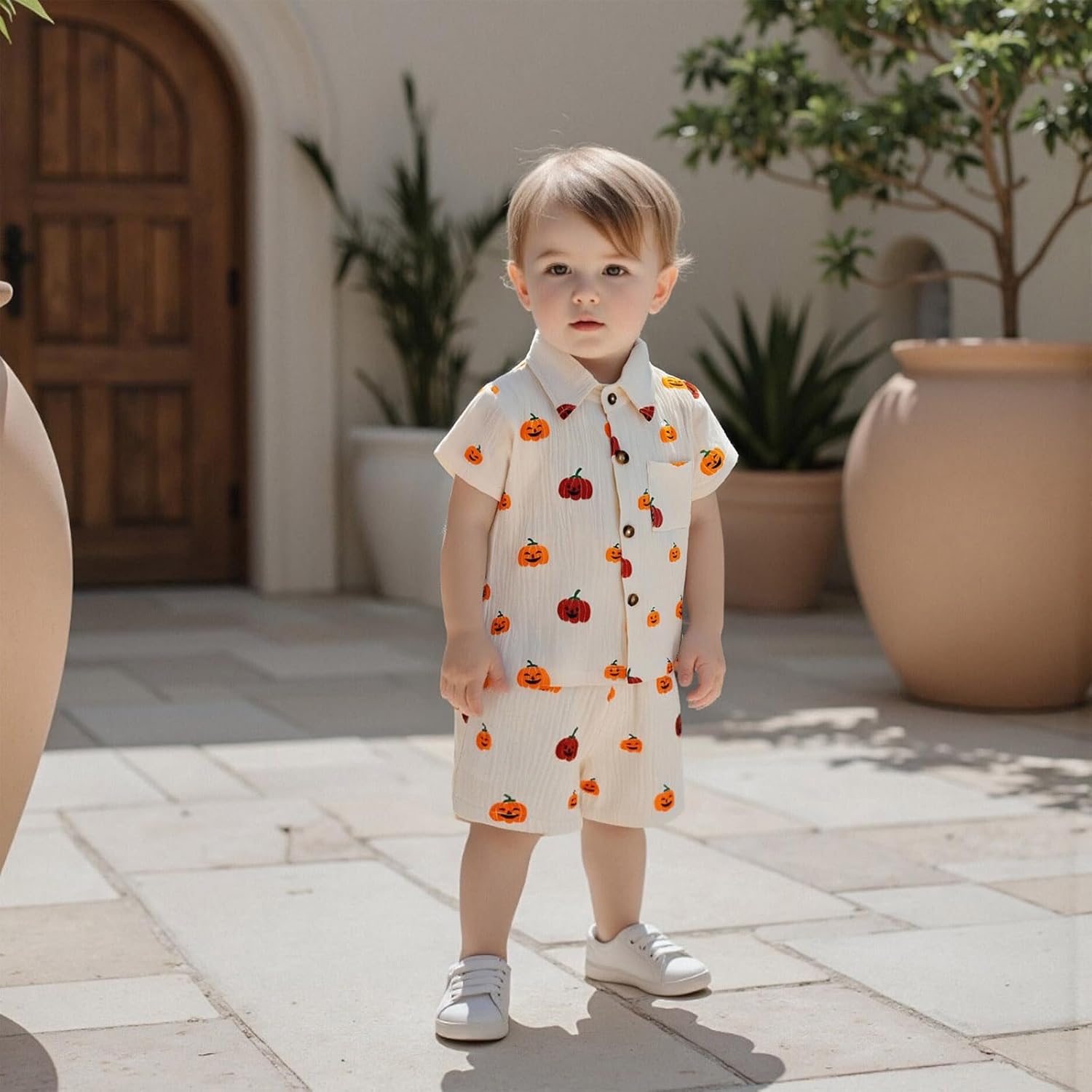 Toddler Baby Boy Halloween Outfit Pumpkin Cotton Linen Button Down Short Sleeve Shirt and Shorts 2 Piece Clothes Set - Image 2