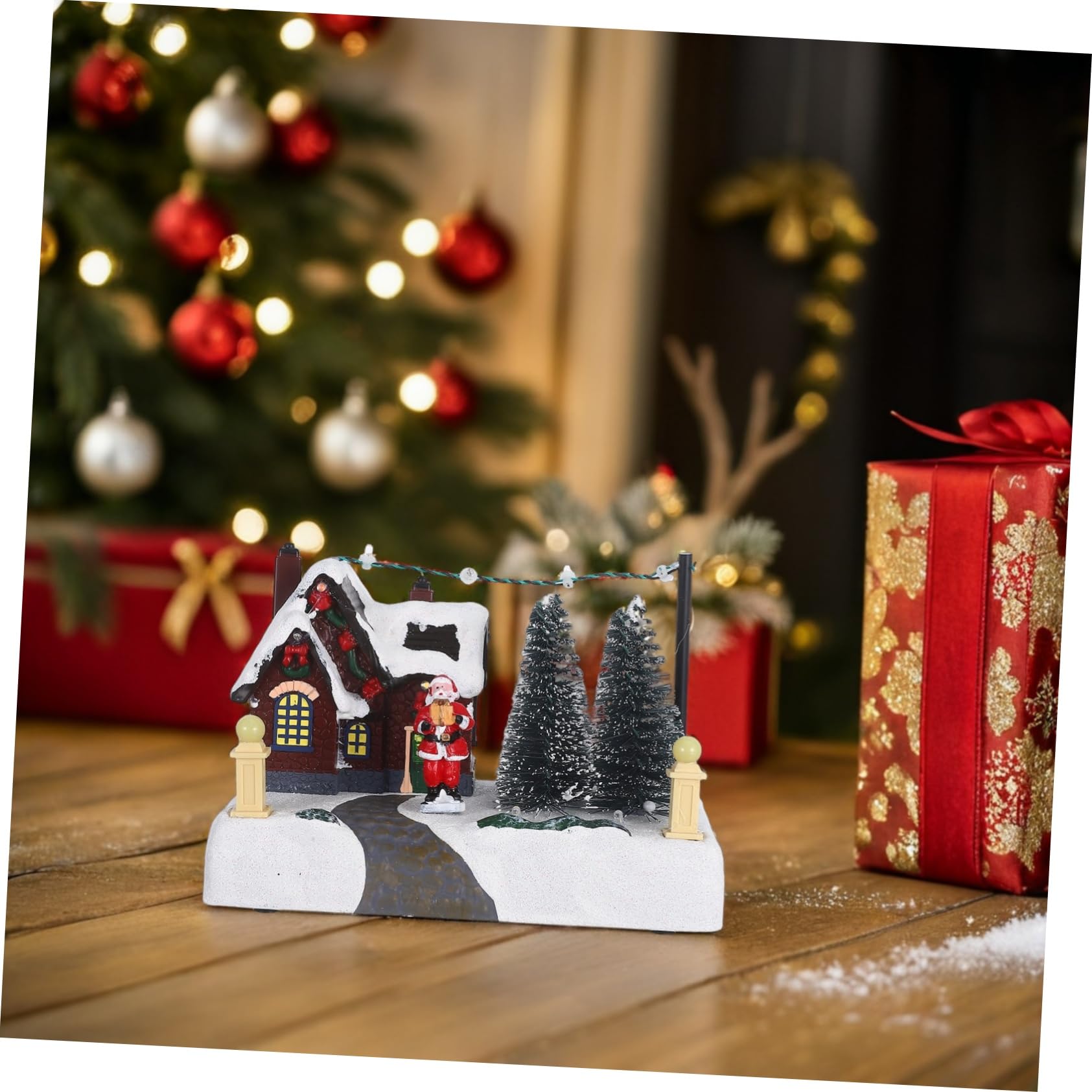 ULTECHNOVO Adorno Navideño Iluminado de Resina con Caja Musical Elegante para Adorno Festivo de Oficina o Hogar