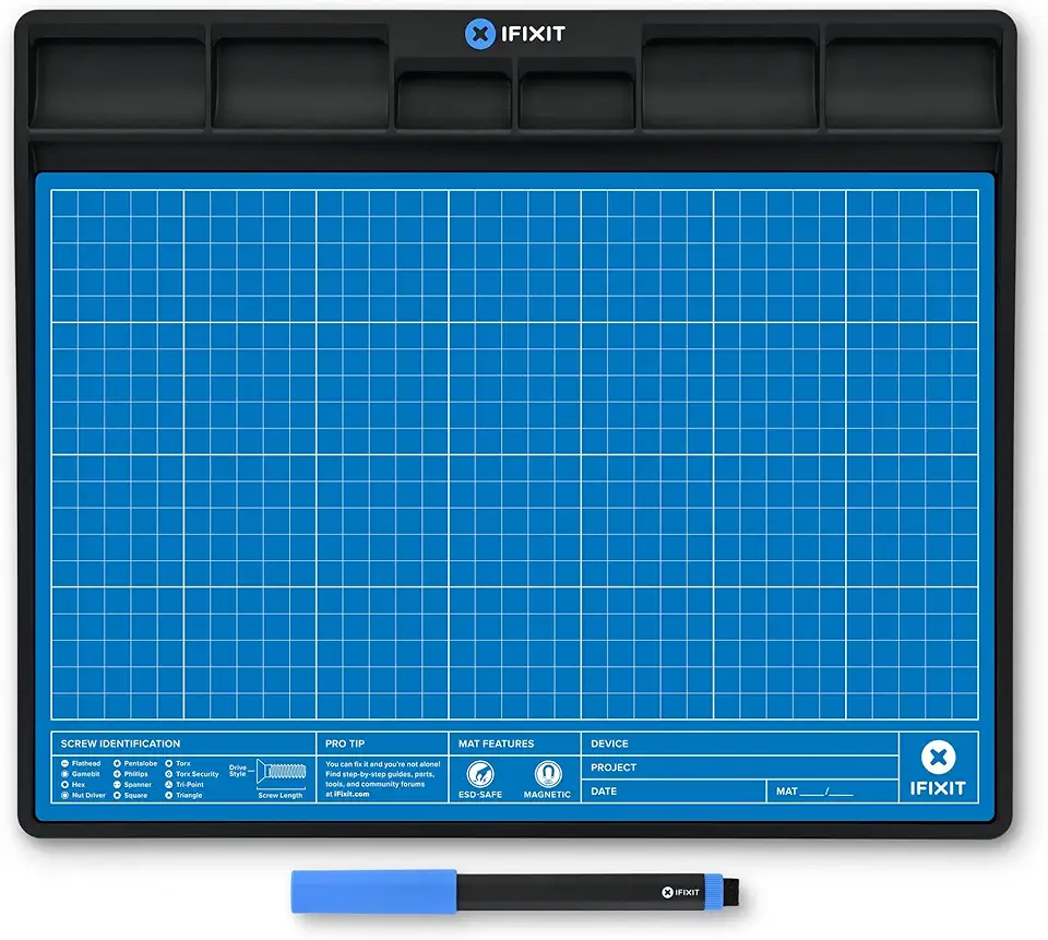 iFixit FixMat, tapete de trabalho magnético com compartimentos para parafusos e componentes para reparos eletrônicos, antiestático e gravável, com caneta