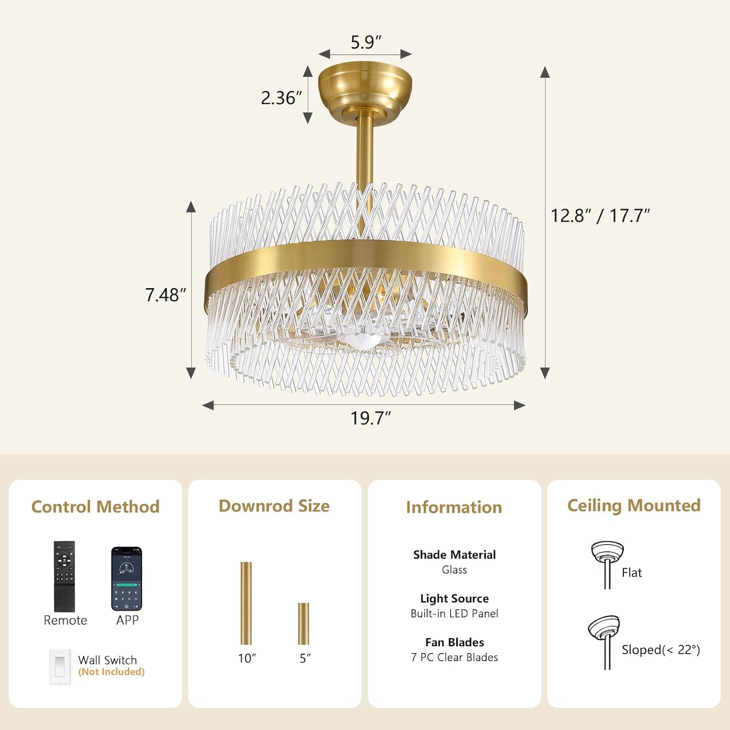 NOXARTE 20" Gold Crystal Ceilng Fan with Lights and Remote, Dimmable Fandelier Ceiling Fan Light, LED Modern Chandelier Fan with 6 Speeds for Bedroom Living Room