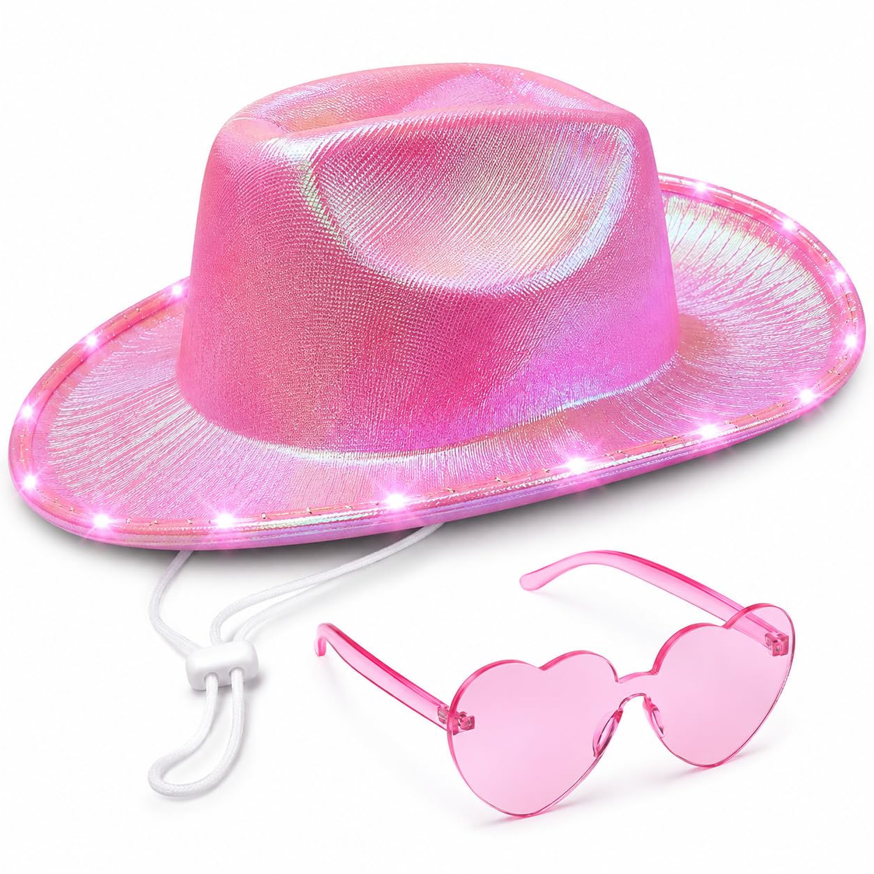 Kxsufwa 2-Pair Pink Light Up Cowboy Hat Set with Heart Glasses