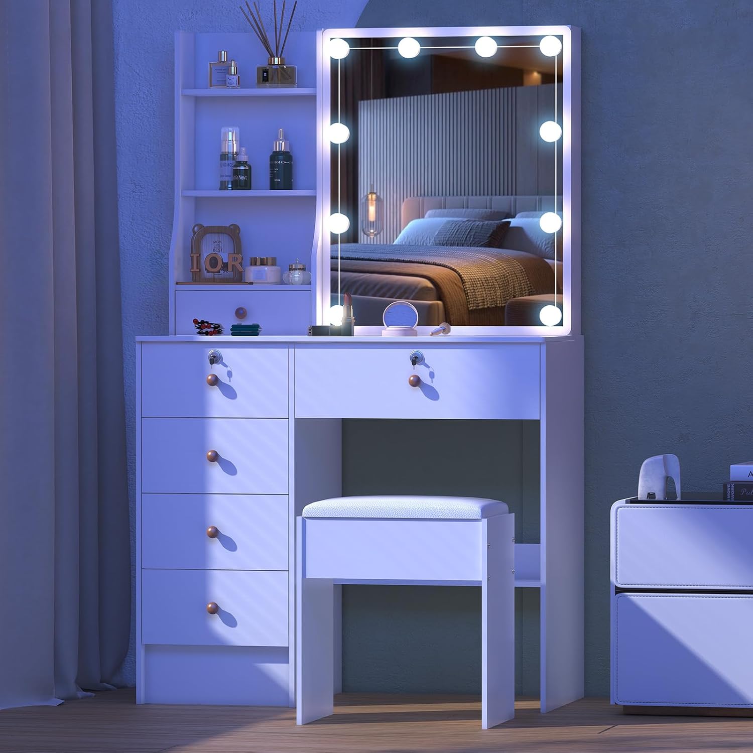 Umeiga Small Vanity Desk with Mirror and Lights, 32" Makeup Vanity Table with Sliding Mirror, Drawers and Chair, Hollywood Vanity with 3 Modes Stick-ON LED Bulbs, H3139
