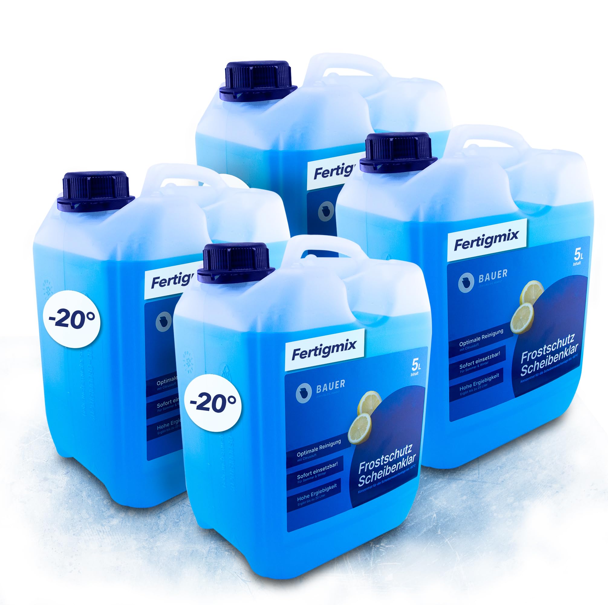Scheibenfrostschutz 4x5L Fertig-Mix -20°C, Citrusduft, Hohe Enteiser + Reinigungskraft bis -20 Grad, Gebrauchsfertig – Wischwasser Fertigmix, Frostschutzmittel, Scheibenwasser (20L)