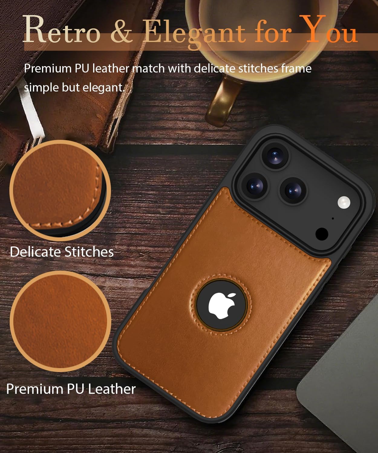 for iPhone 17 Pro Max Case,Compatible with MagSafe,Vintage Elegant Leather Soft Bumper Protective Phone Cover Magnetic Case for iPhone 17 Pro Max - Brown - Image 4