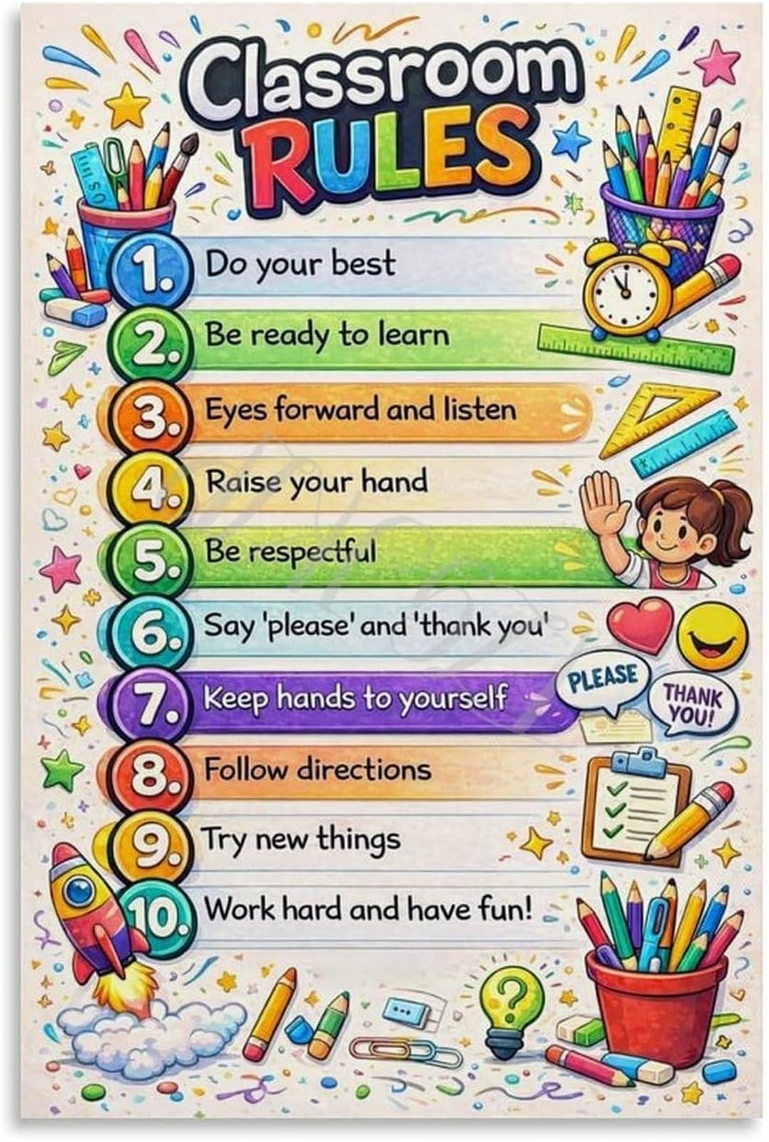 EKFBQBGW Classroom Rules Poster Elementary School Wall-Art Canvas Print Learning Motivation Framed,12x18inch(30x45cm)