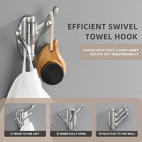 Miniatura 4 de Angle Simple Gancho plegable para toallas de níquel cepillado, gancho giratorio de metal de 3 brazos, gancho flexible para bata de baño, gancho de
