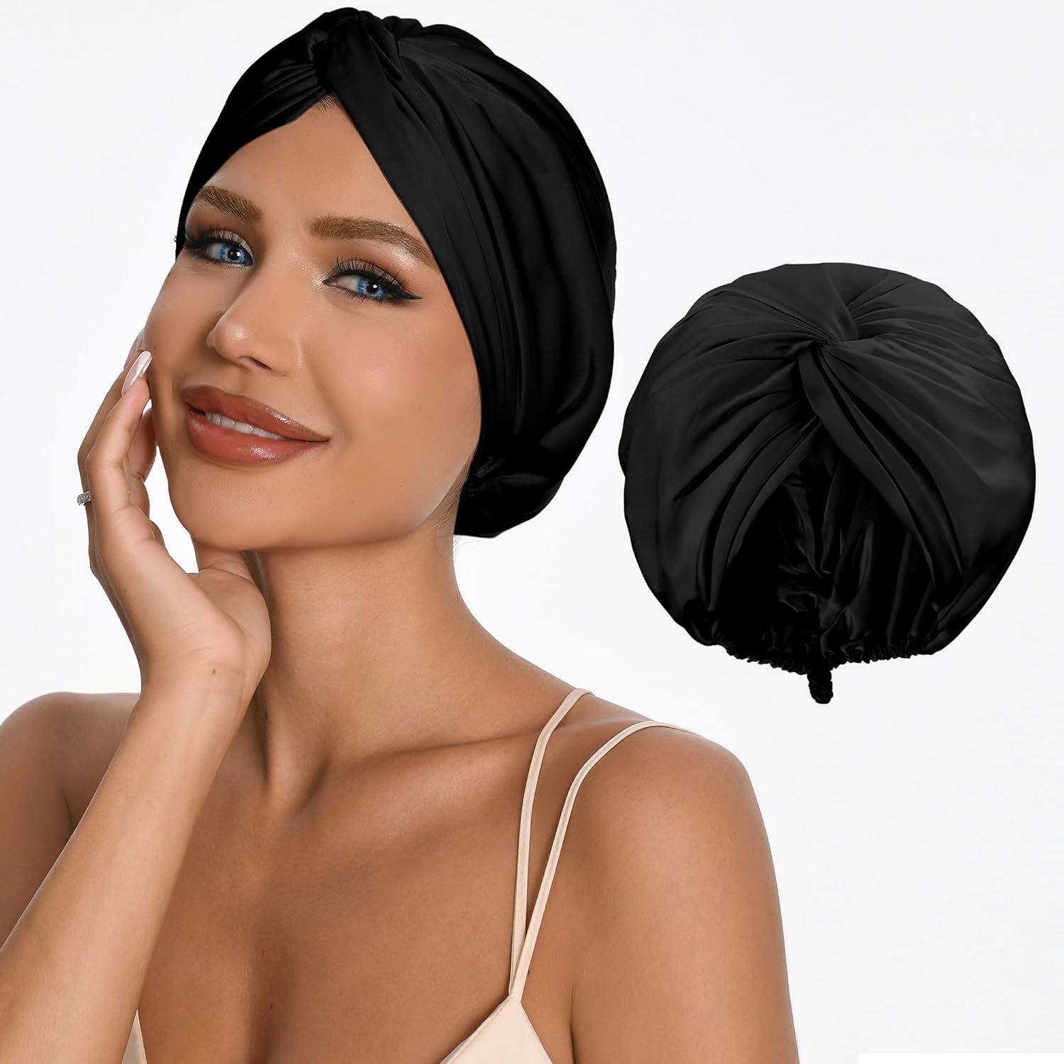 Adjustable Silk Satin Hair Bonnet for Sleeping with 5% Mulberry Silk – Double Layer Hair Cap for Women & Men, Extra Smooth Night Cap for Curly, Braided, Natural Hair – Silk Shower Cap (Black)