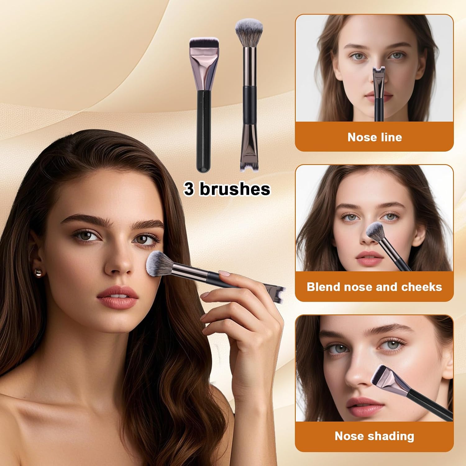 2pcs 2-in-1 Nose Contour Brush Set, Sculpting Dual-End Nose Brushes with Flat Brush Dual Head Makeup Tools for Sculpting and Defining Noses Contour