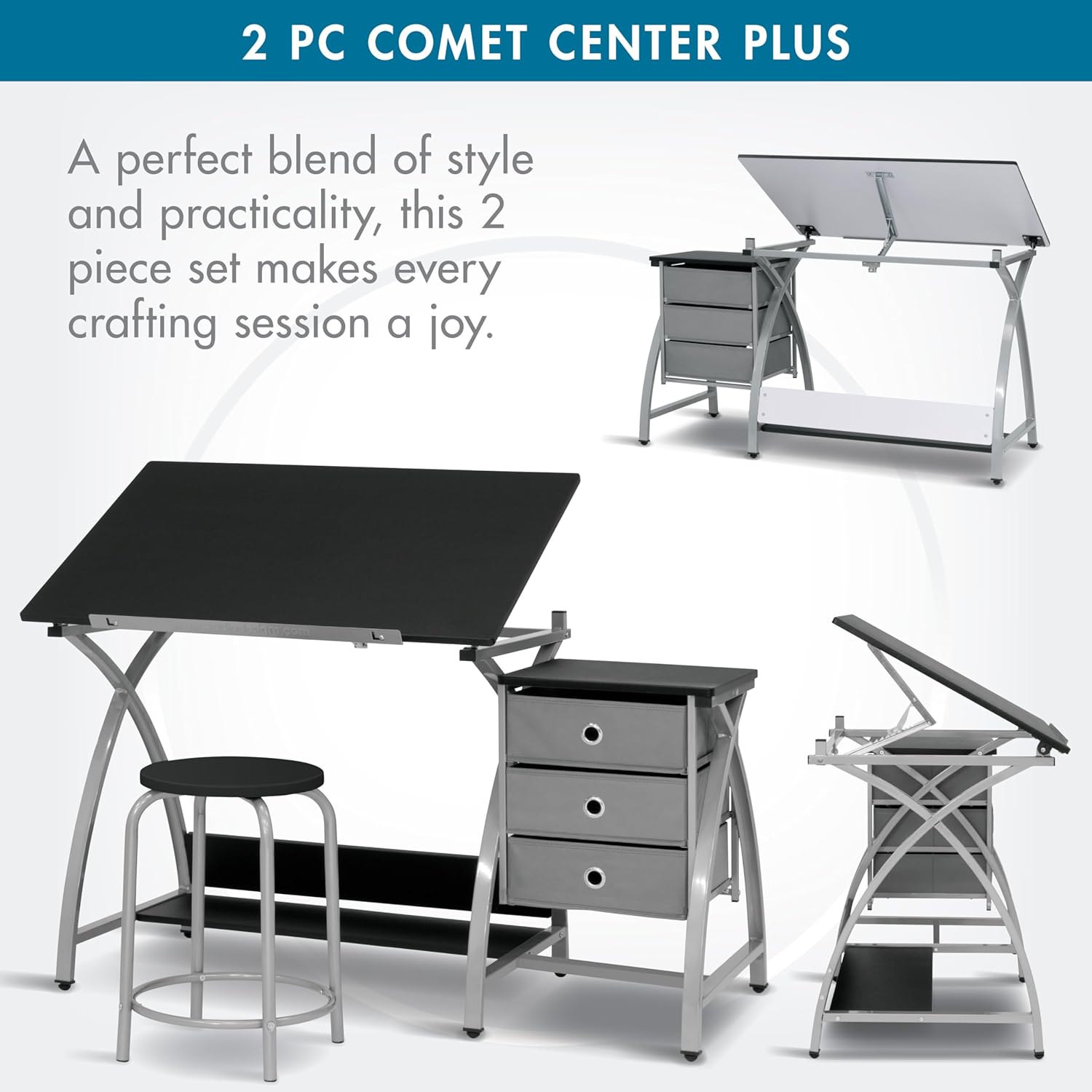 SD Studio Designs 2 Piece Comet Center Plus, Craft Table and Matching Stool Set with Storage and Adjustable Top, Silver/Black