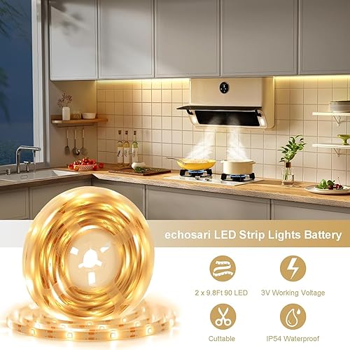 Miniatura 4 de echosari 2 PCS tiras de luces que funcionan con baterías, tiras de luces LED de 16.4 pies con 150 LED, autoadhesivas con control remoto y