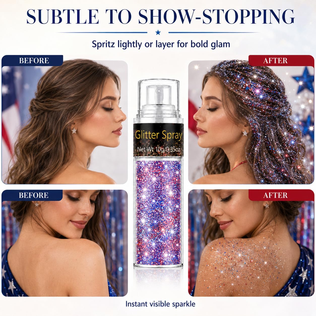 Go Ho Red White and Blue Glitter Spray – Hair&Face&Body Glitter Powder,USA Flag Patriotic Sparkle Powder for 4th of July Independence Day 250th Anniversary,Shimmer Decorations & Outfits for Women Kids