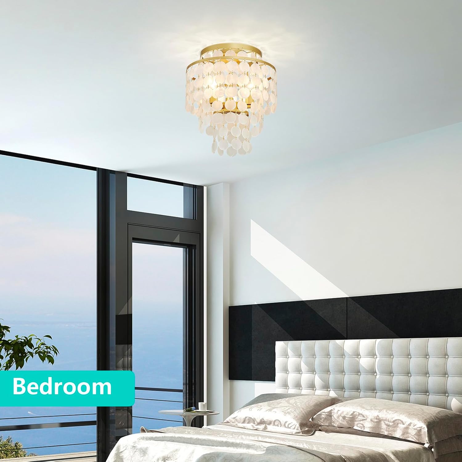 Modern Capiz Shell Chandelier Ceiling Light, Costal Design Close to Ceiling Light Fixture for Dining Room, Living Room, Bedroom, Hallway, Foyer, Gold Finish, 3*E12 Socket, D13*H15 inch