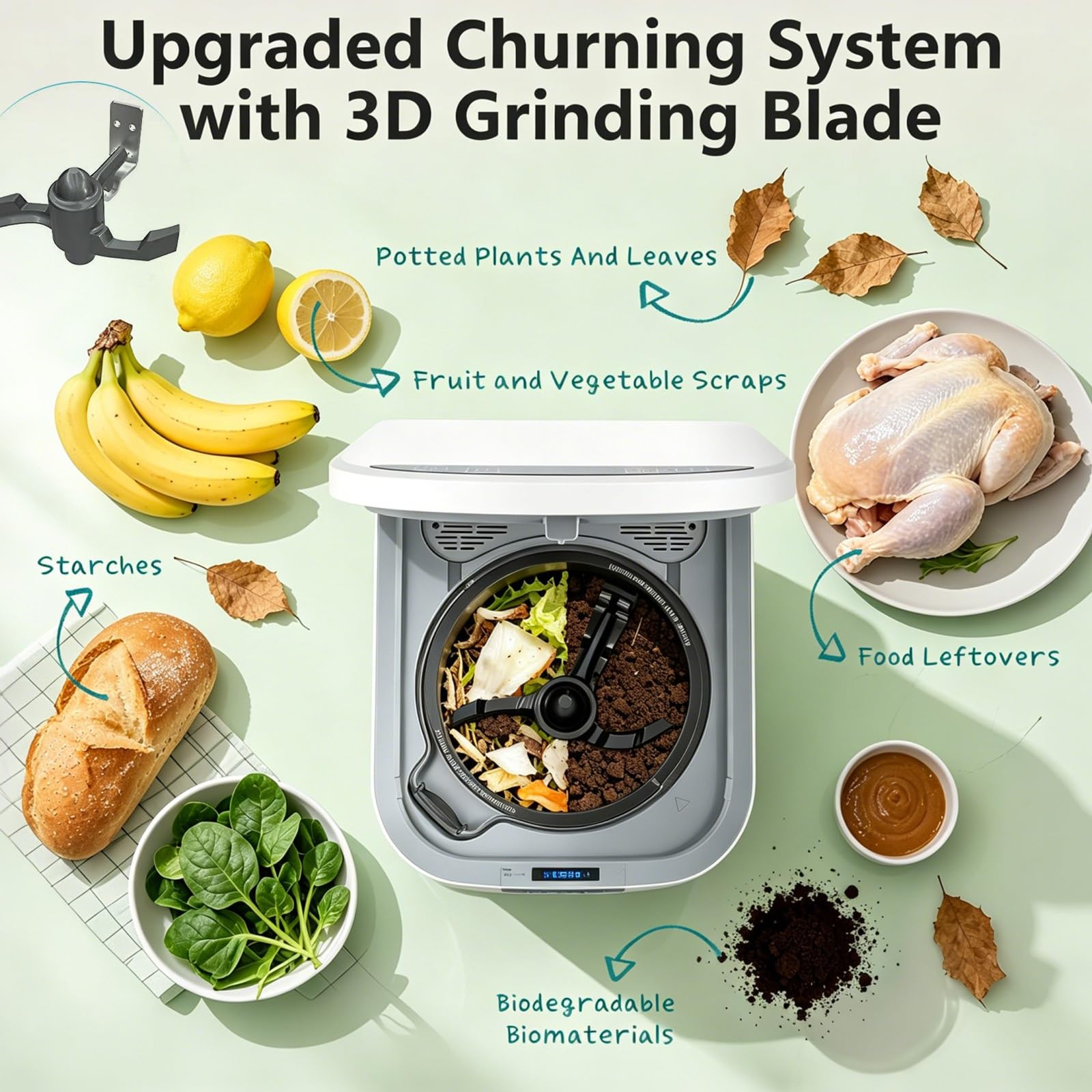 Compostador eléctrico de 3,3 L para cocinas Interiores, reciclador Inteligente de residuos de Alimentos, Convierte la Basura en Compost en 4-8h, triturador de encimera Inodoro, autolimpiante.