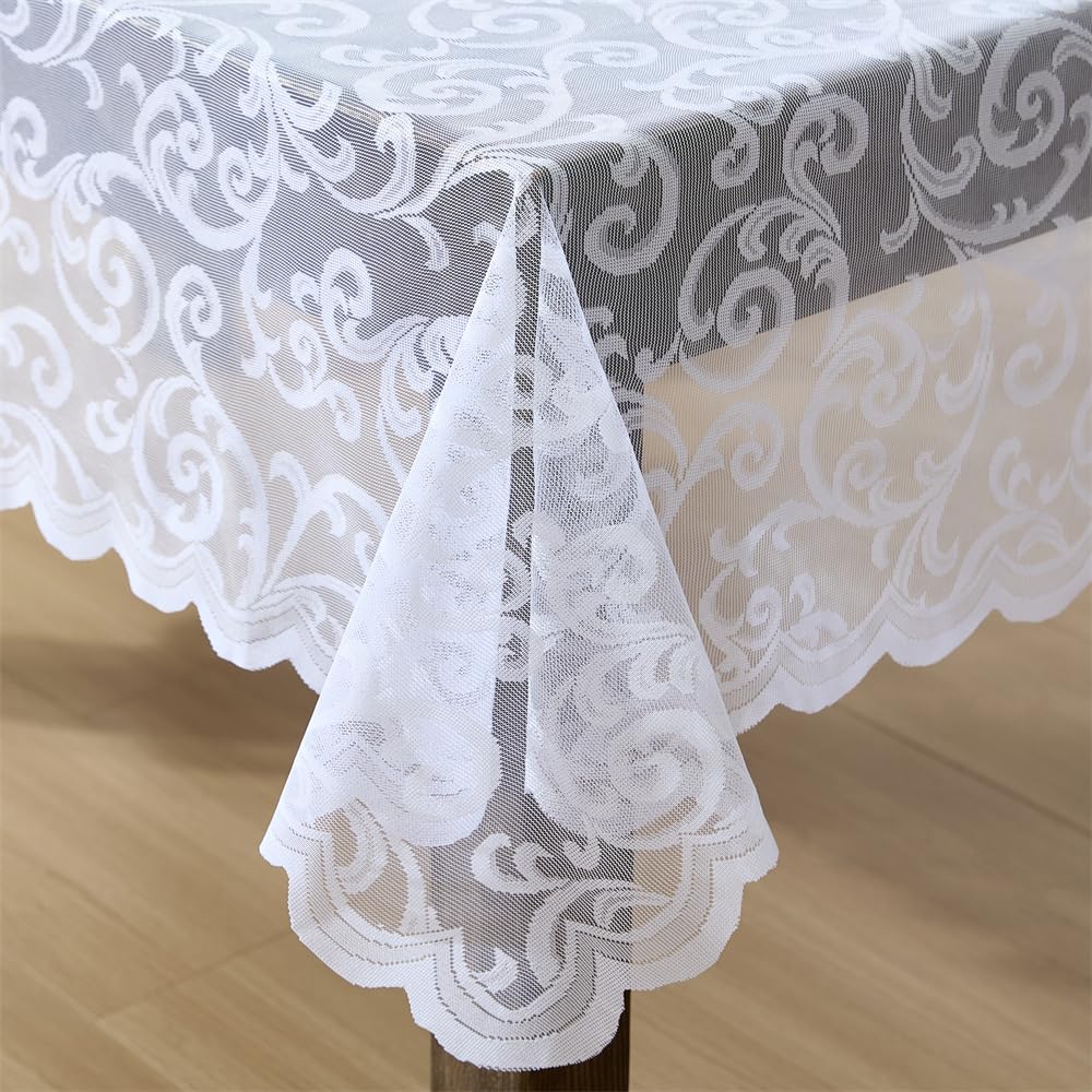 HLC.ME Mantel de Tela de Encaje para mesas rectangulares, Resistente a Las Arrugas, Mantel Festoneado Estampado (60 Pulgadas de Ancho x 104 Pulgadas de Largo, Blanco)