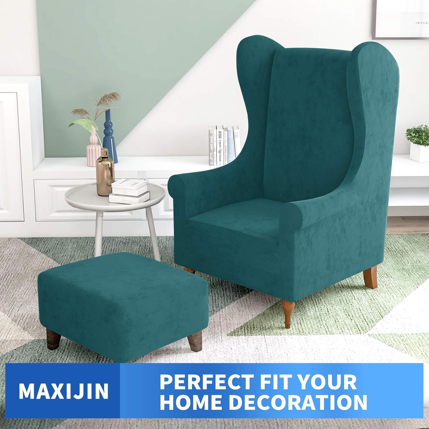 MAXIJIN Stretch Velvet Wingback Chair Slipcover 1-Piece Soft Stylish Plush Slipcovers for Wingback Chairs Thick Rich Velvet Wing Chair Cover with Elastic Bottom (Wing Chair, Peacock Blue)