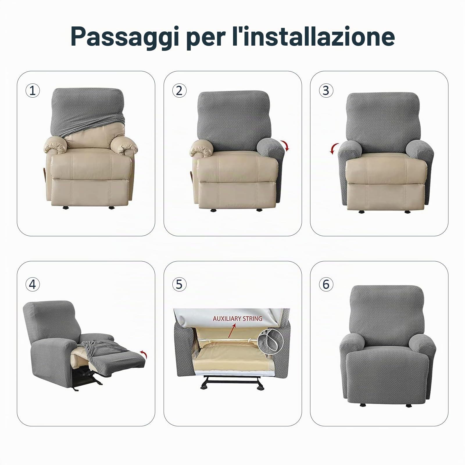 Copripoltrona universale 4 pezzi in set, Copripoltrona 1 posto con Braccioli Relax, copri poltrone elastico con tasche, per televisione e sdraiamento (Grigio chiaro)
