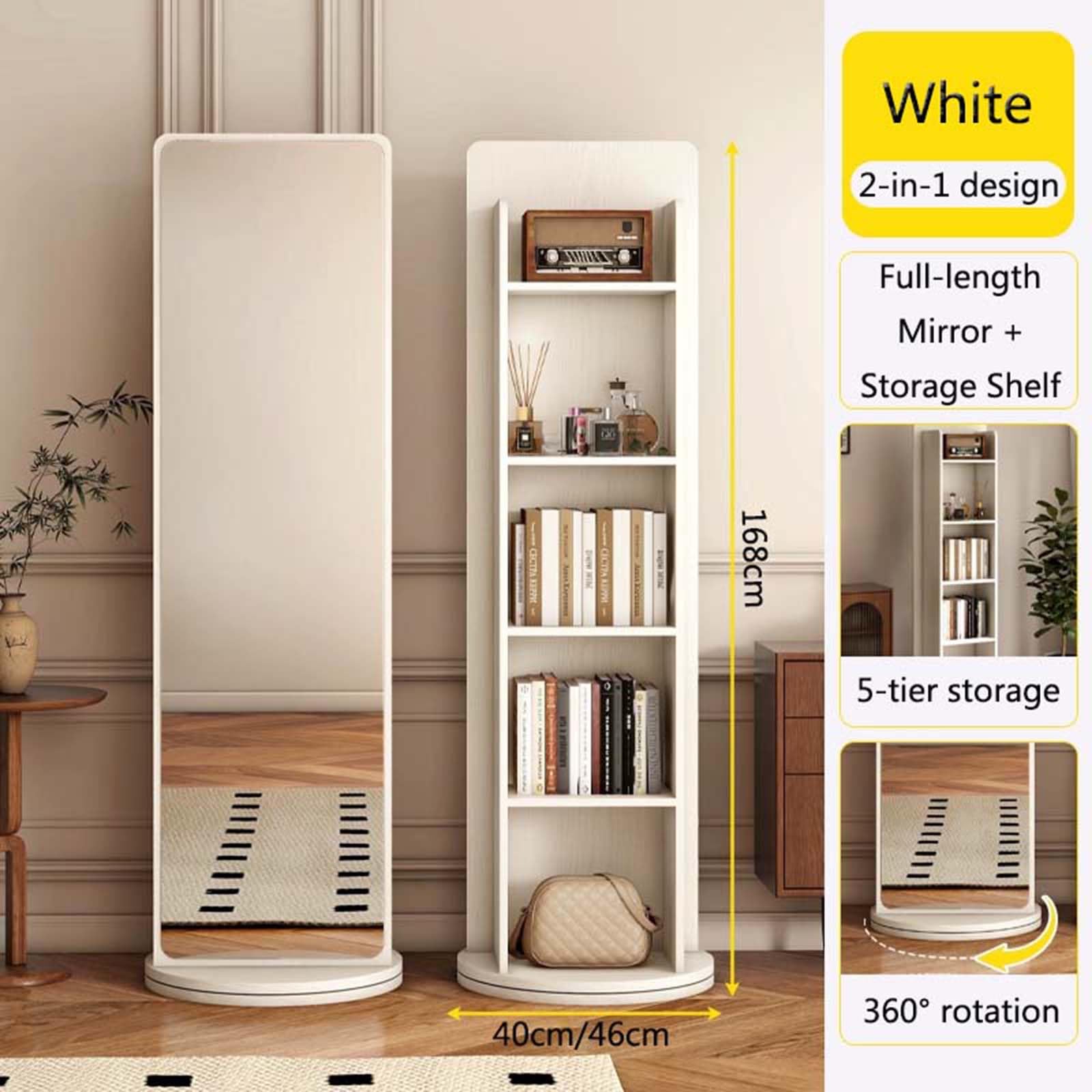 Specchio a Figura Intera con Scaffale di Stoccaggio, Specchi da Girevole a 360° e Libreria a 5 Livelli, Specchio da Pavimento per Camera da Letto e Soggiorno
