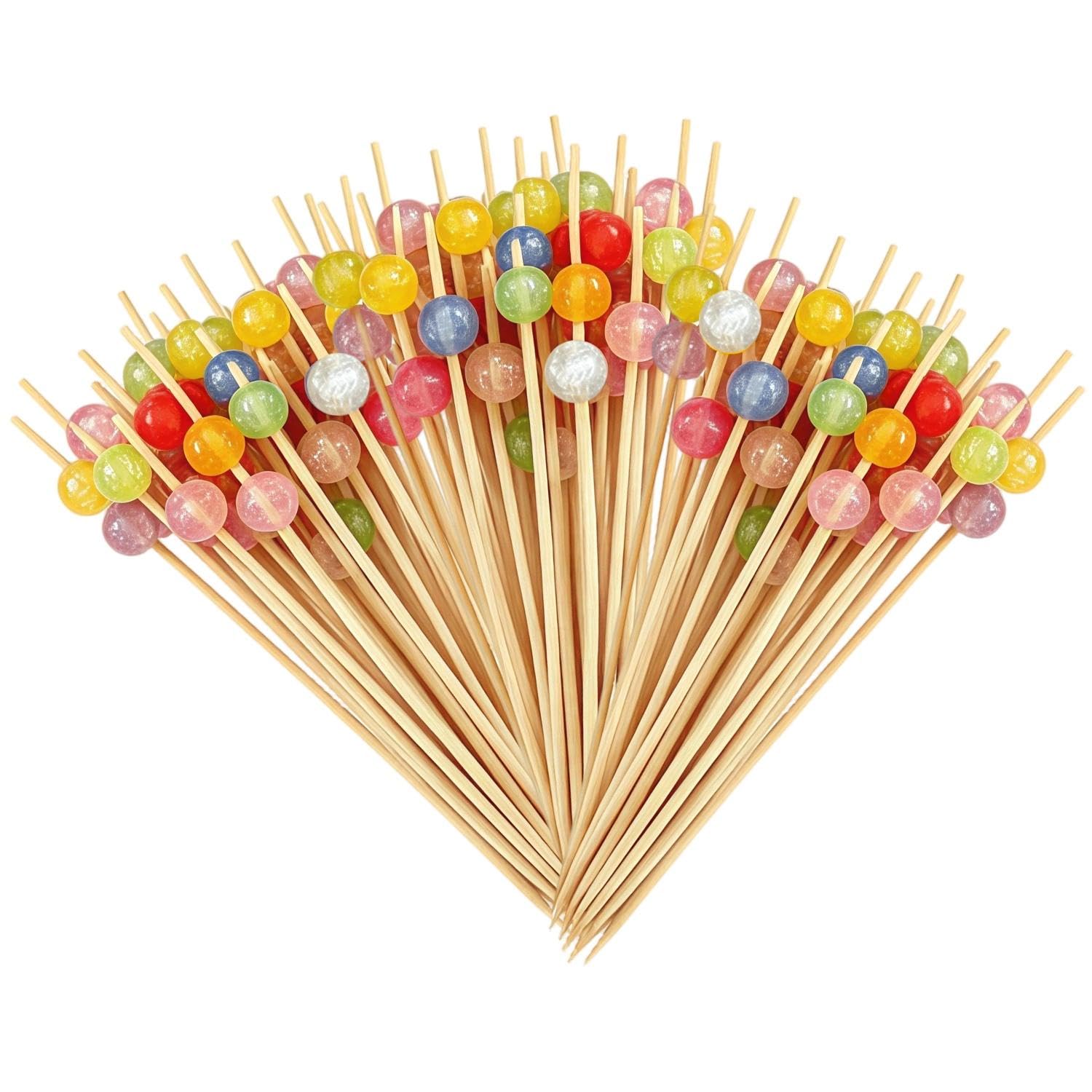 GDFHBD 100 Fruit Salad Sticks, Wooden Cocktail Sticks, With Colored Beads, Suitable For Birthdays, Wedding Parties, And Carnivals.