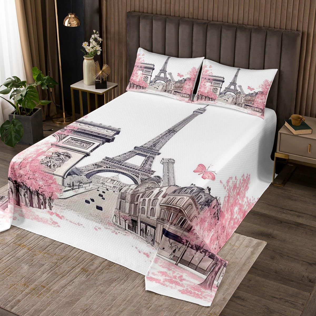 jejeloiu Pink Eiffel Tower Coverlet Set Queen Size Paris Bedspread for Kids Boys Girls Decor Modern Cityscape London Street Scene Quilted Coverlet European City Quilted