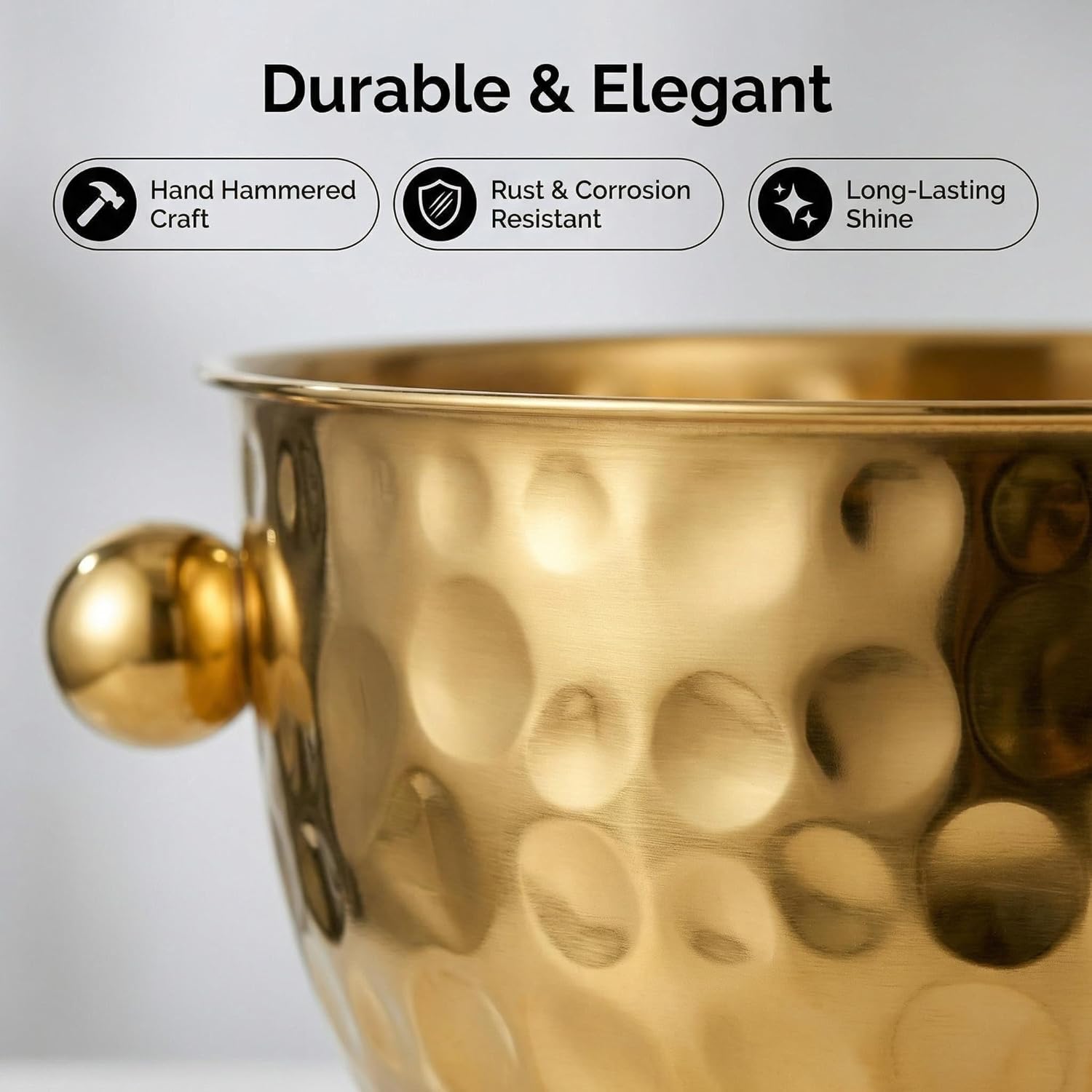 7QT Large Gold Ice Bucket, Stainless Steel Champagne Bucket for Parties, Beverage Tub Wine Cooler, Gold Hammered Finish Drink Container for Beer & Cocktail Bar