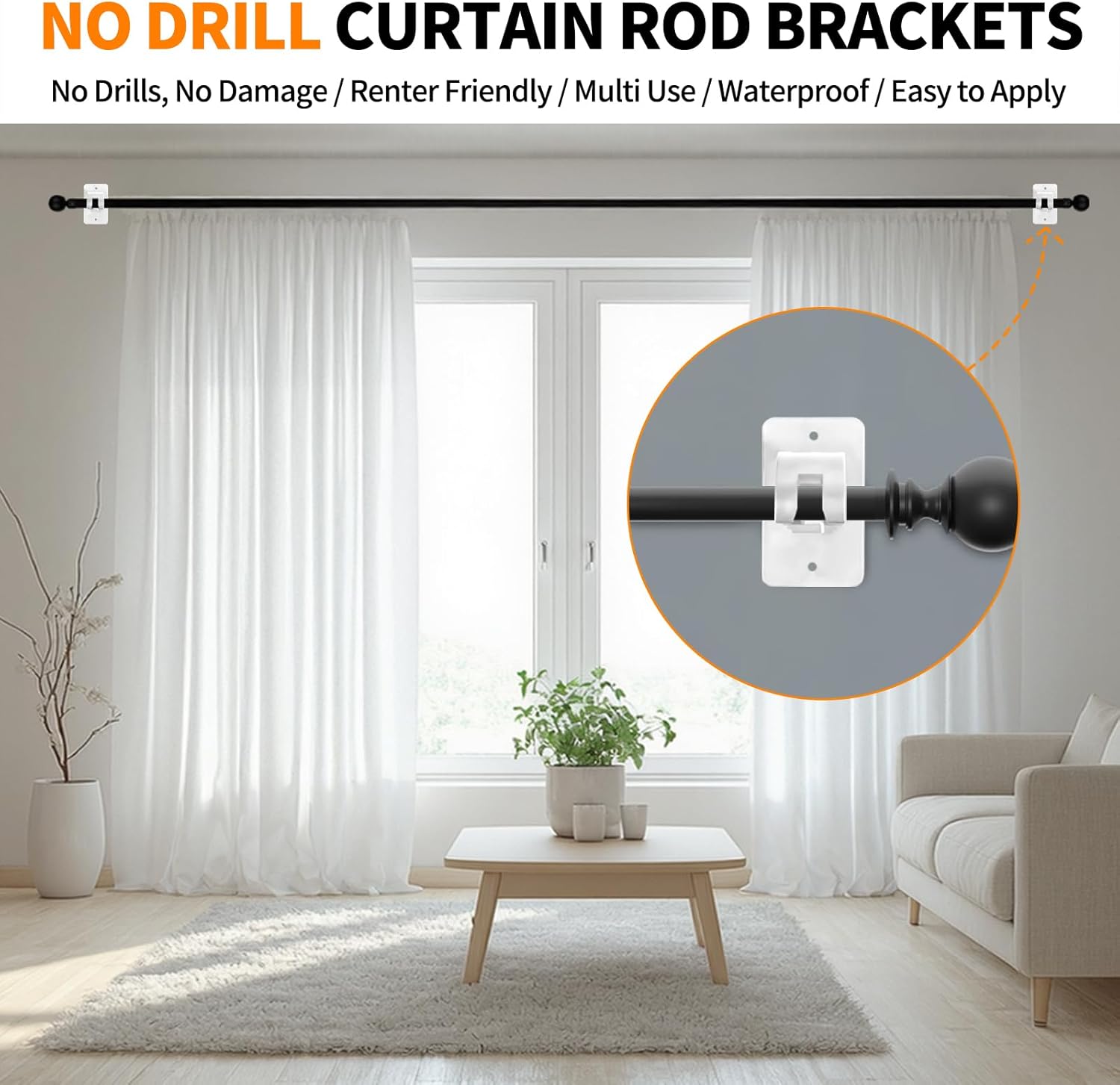No Drill Curtain Rod Brackets, Heavy Duty Self Adhesive Curtain Rod Bracket, Universal Curtain Rod Holders, Nail Free Curtain Rod Hooks for Bathroom, Bedroom, Kitchen, and More (4 PC, White)