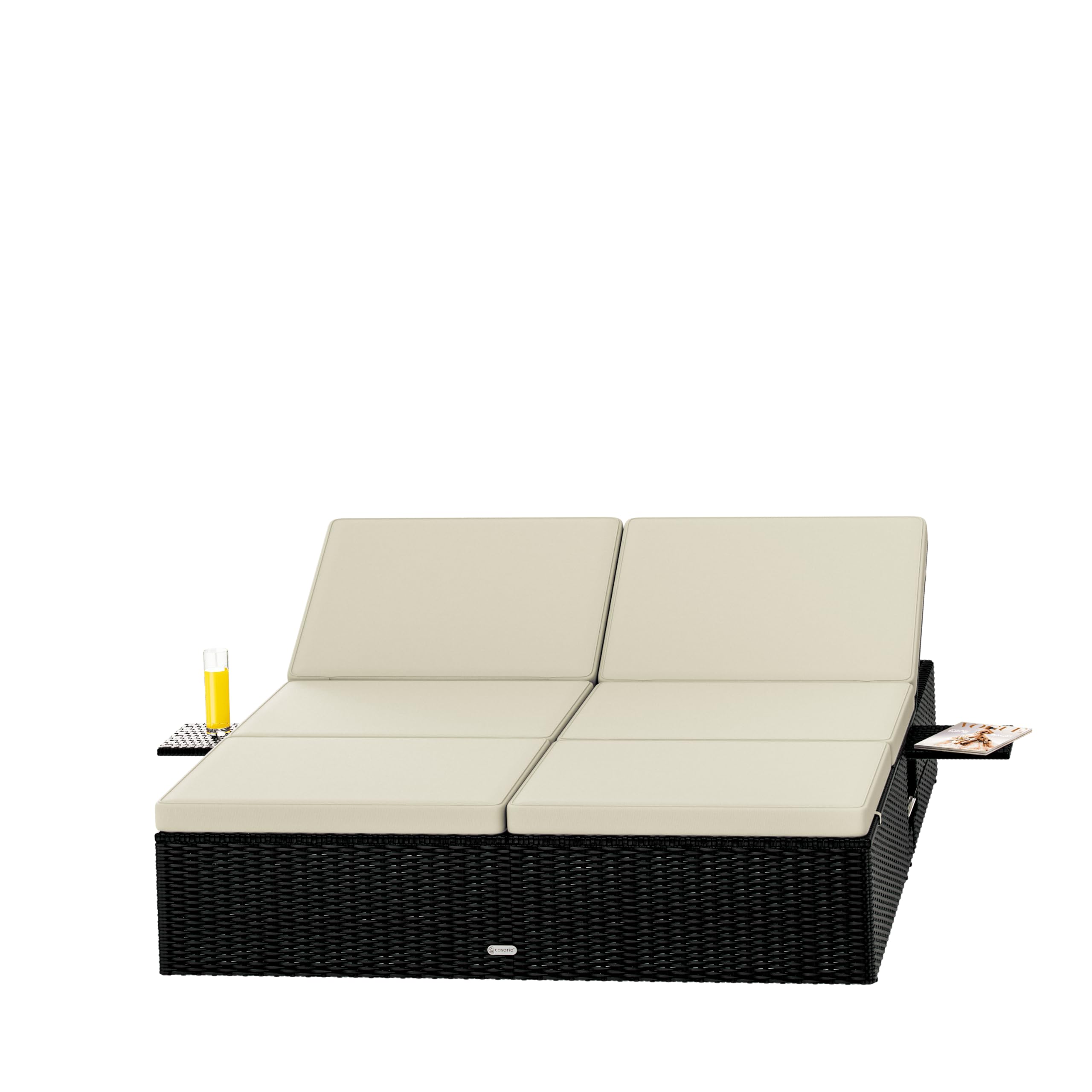 Casaria Sonnenliege Polyrattan 2 Personen | 200x160 cm, Wetterfest, Gartenliege, 220 kg Belastbar, Liegestuhl, Verstellbar, Schwarz-Creme, Wetterfest & flexibel