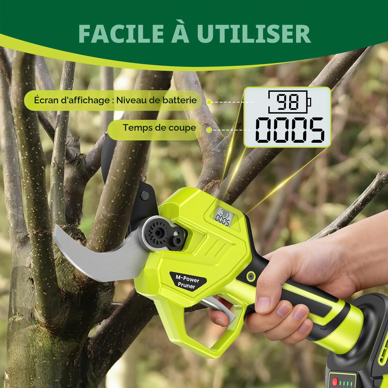 Sécateur Électrique Sans Fil, Ouverture de lame 70 mm & Capacité de coupe 50-60mm, 1200W Secateur Electrique Professionnel avec 4 Niveaux, Écran, 4000mAh Batterie & Lame SK7 tranchante pour Arbres