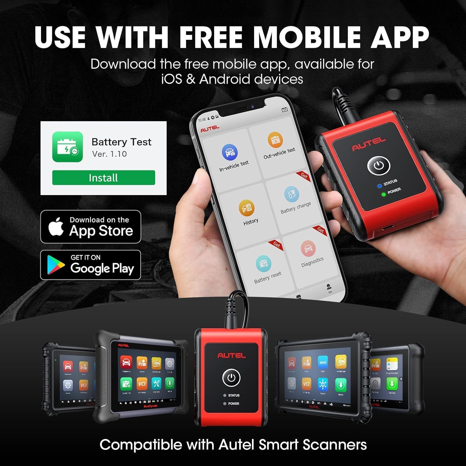 Autel BT506 tilsluttet et bilbatteri, med en smartphone, der viser brugervenlige funktioner som test i/uden for køretøjet, historik og e-mailrapporter