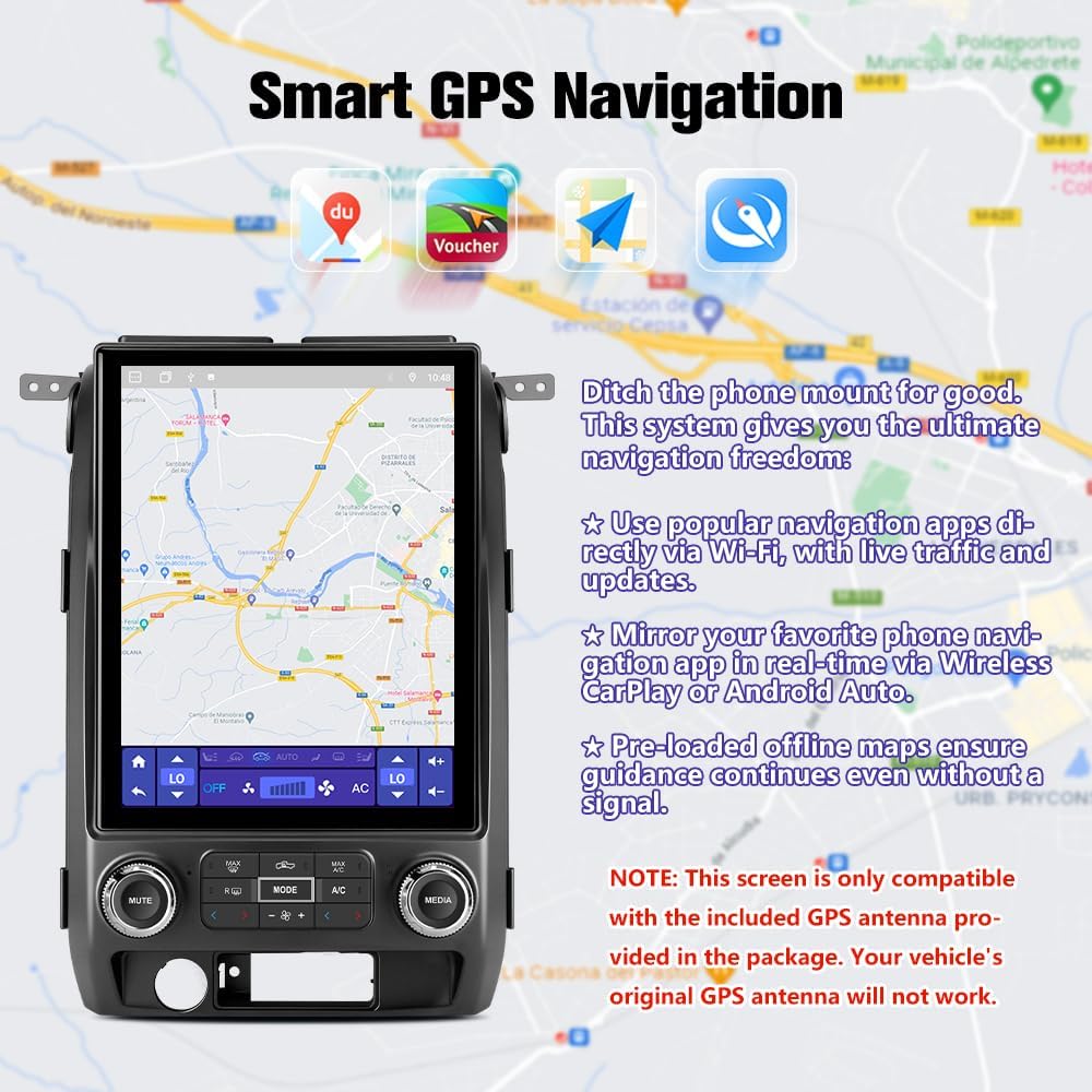 Car Radio Stereo Upgrade for Ford F150 2009-2012, Android 15 8 Core [4GB+64GB] Head Unit with T Style 12.1 Inch Touch Screen/Wireless CarPlay & Android Auto/Mirroring/WiFi/Bluetooth/FM/DSP/SWC